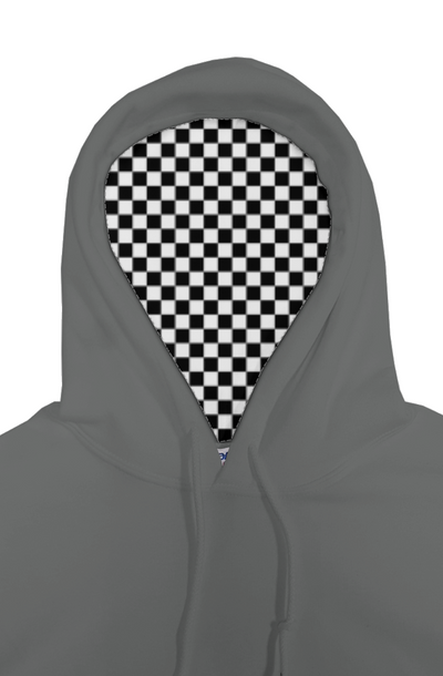 Gray hooded garment with a checkered pattern peeking out from under the hood on a white background