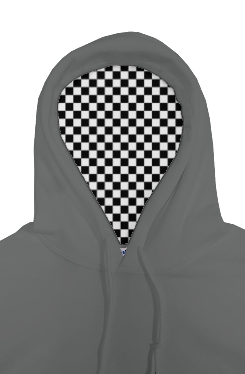 Gray hooded garment with a checkered pattern peeking out from under the hood on a white background