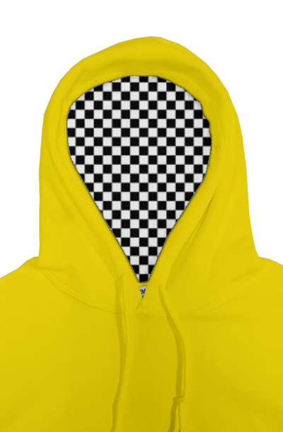 Yellow hoodie with a checkered face design on a white background