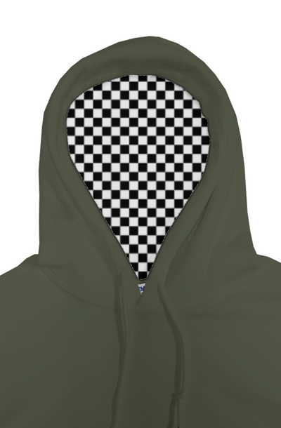 Green hoodie with a checkered pattern peeking out from under the hood on a white background