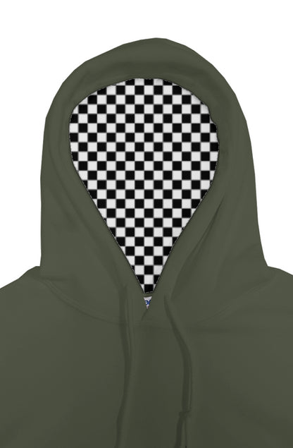 Green hoodie with a checkered pattern peeking out from under the hood on a white background