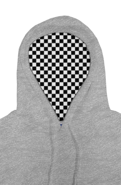 Gray hoodie with a checkered pattern hood on a white background