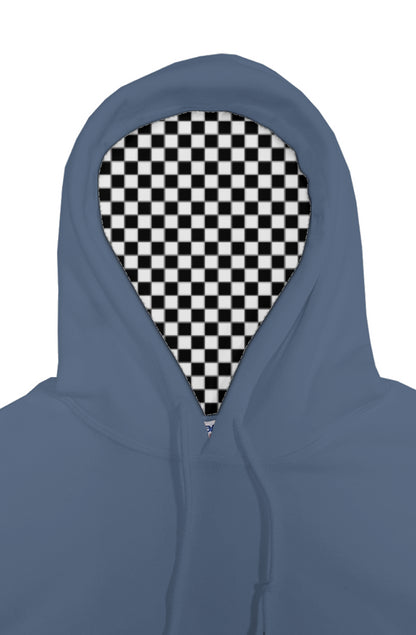Blue hoodie with a checkered pattern on the hood against a white background
