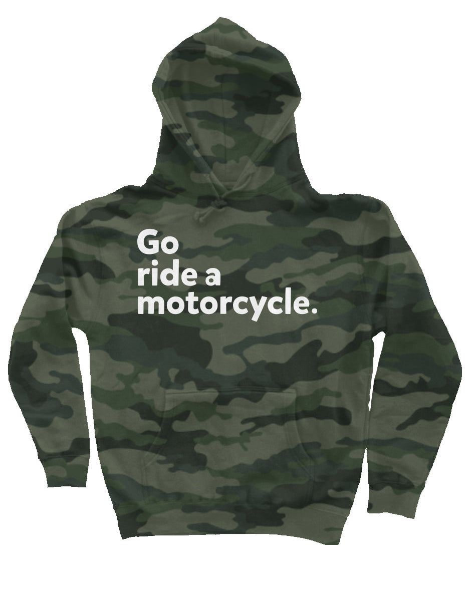 "Go ride a motorcycle" Camo Heavyweight Hoodie