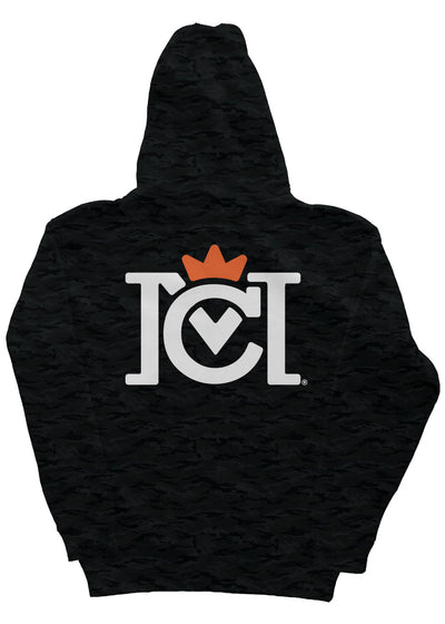 Crown Moto Logo front and back of this Camo Heavyweight Hoodie
