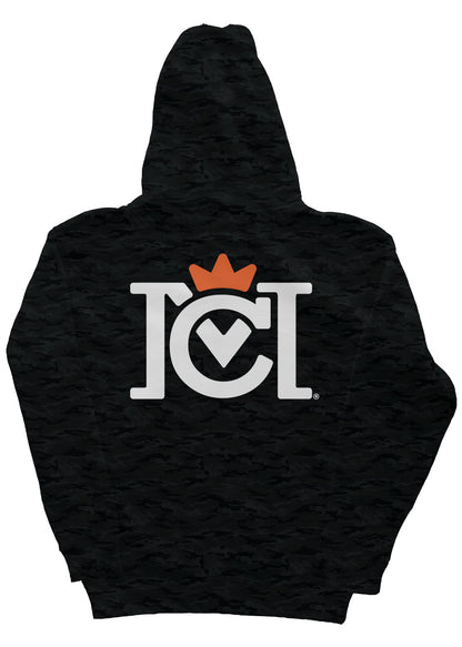 Crown Moto Logo front and back of this Camo Heavyweight Hoodie
