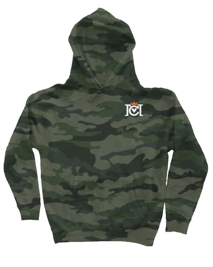 Crown Moto Logo front and back of this Camo Heavyweight Hoodie
