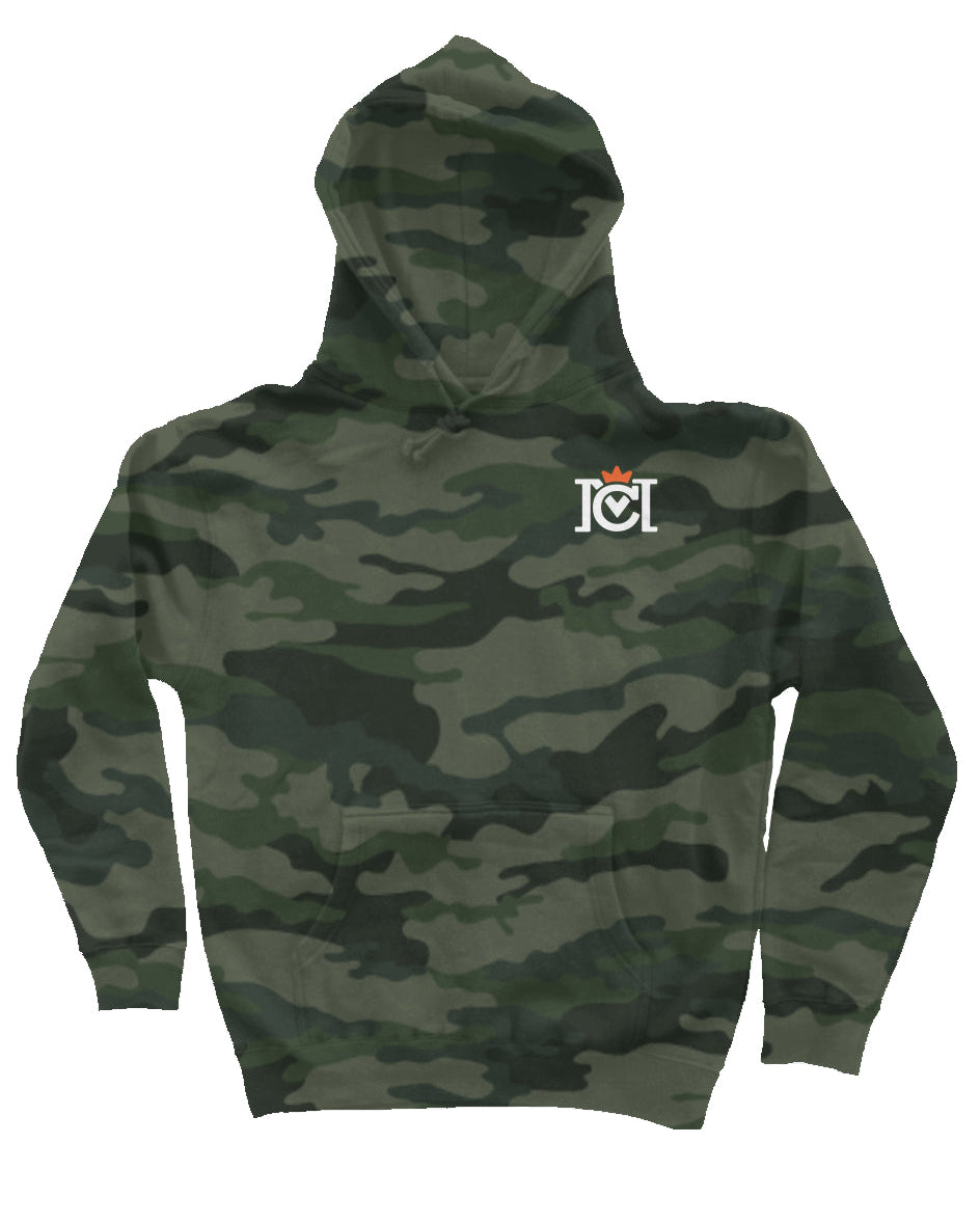 Crown Moto Logo front and back of this Camo Heavyweight Hoodie