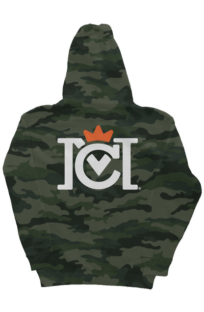 Crown Moto Logo front and back of this Camo Heavyweight Hoodie