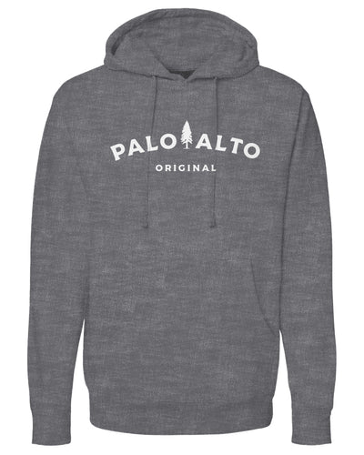 Gray hoodie with 'Palo Alto Original' text and logo on a white background