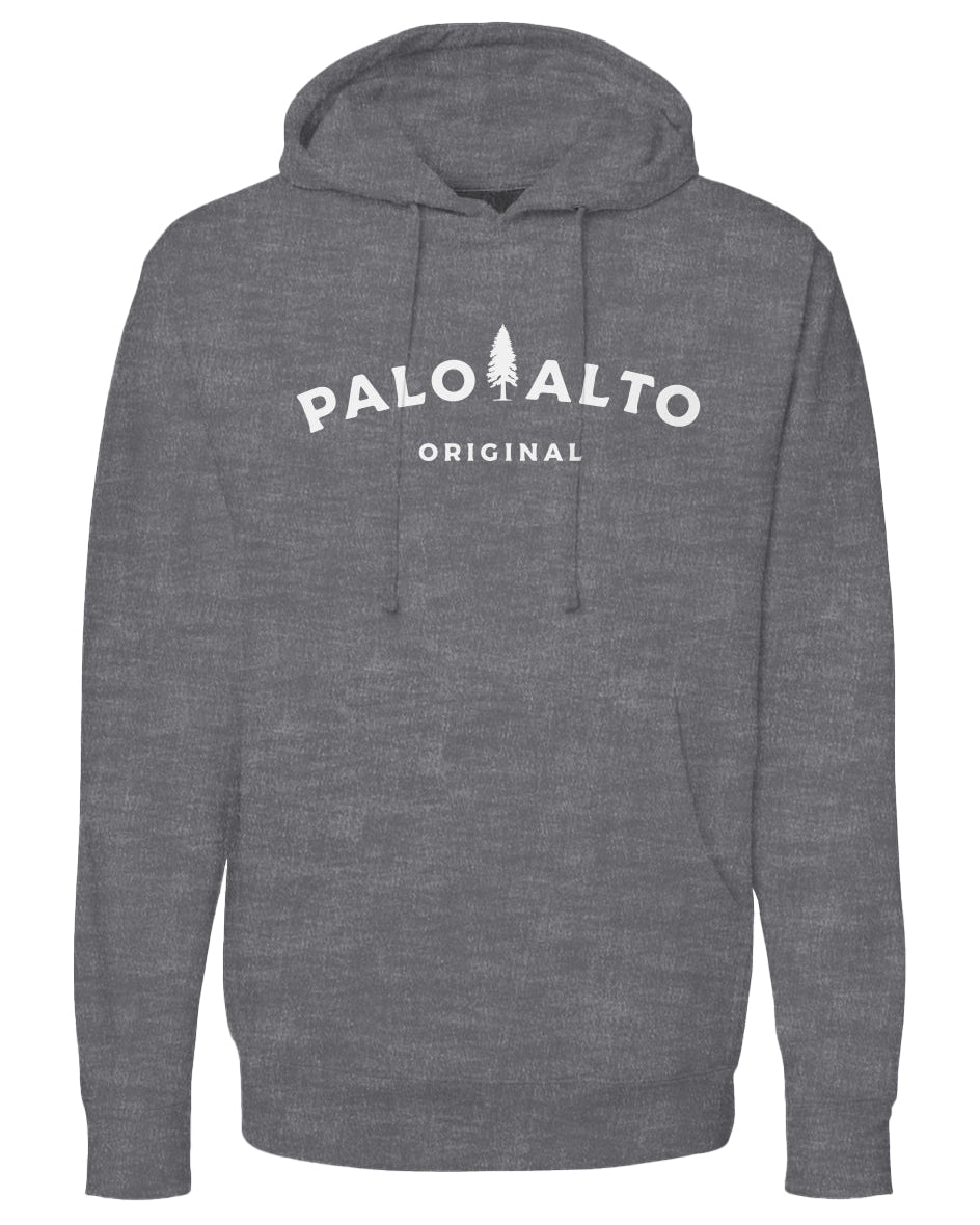 Gray hoodie with 'Palo Alto Original' text and logo on a white background