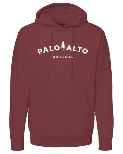 Maroon hoodie with 'Palo Alto Original' text on a white background