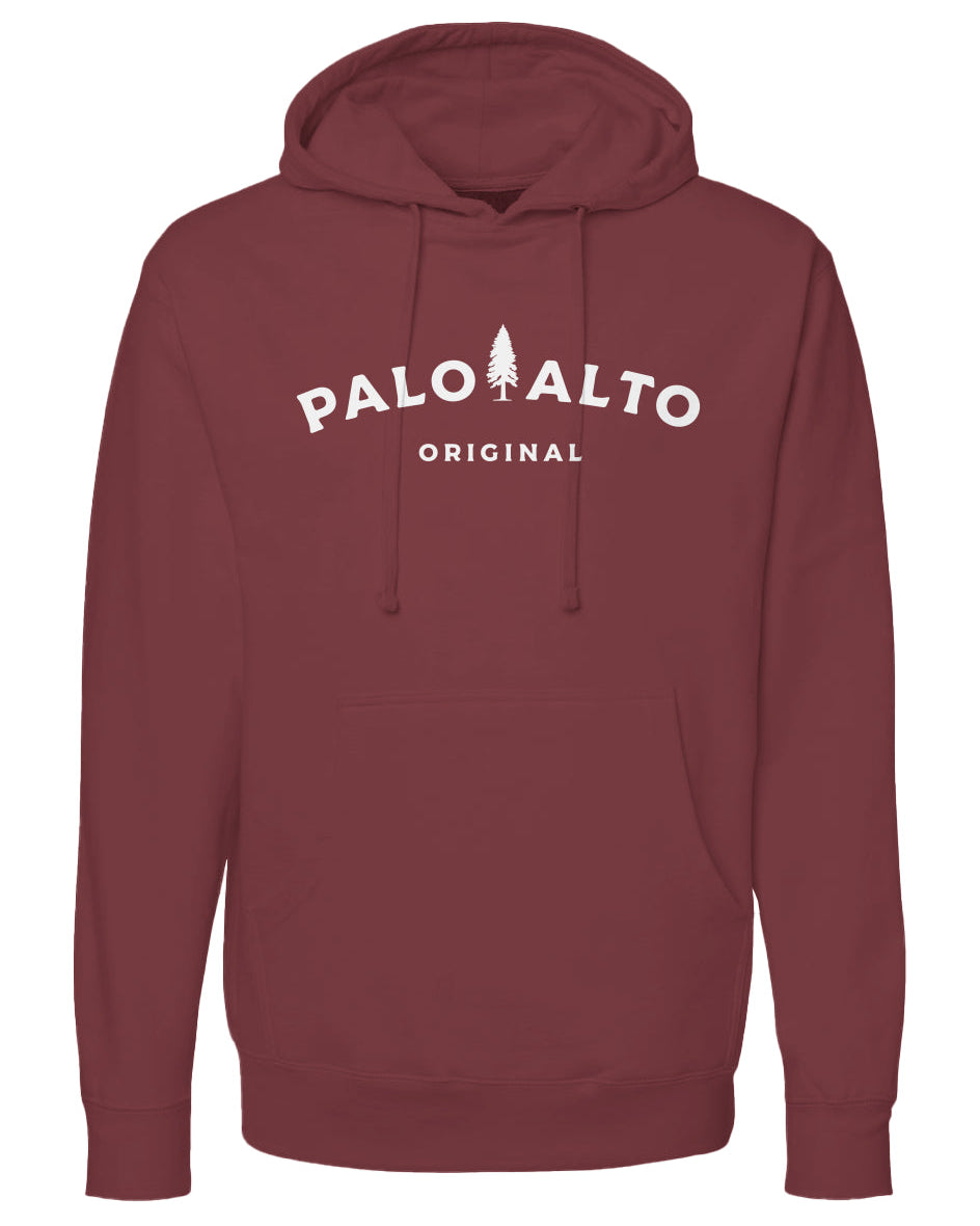 Maroon hoodie with 'Palo Alto Original' text on a white background