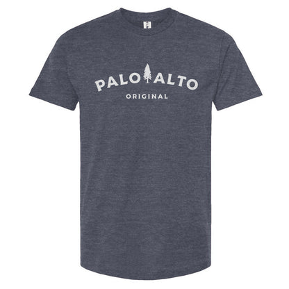 Heather Denim Blue t-shirt with 'Palo Alto Original' text on a white background