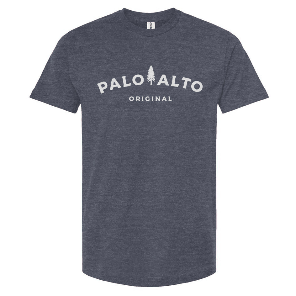 Heather Denim Blue t-shirt with 'Palo Alto Original' text on a white background