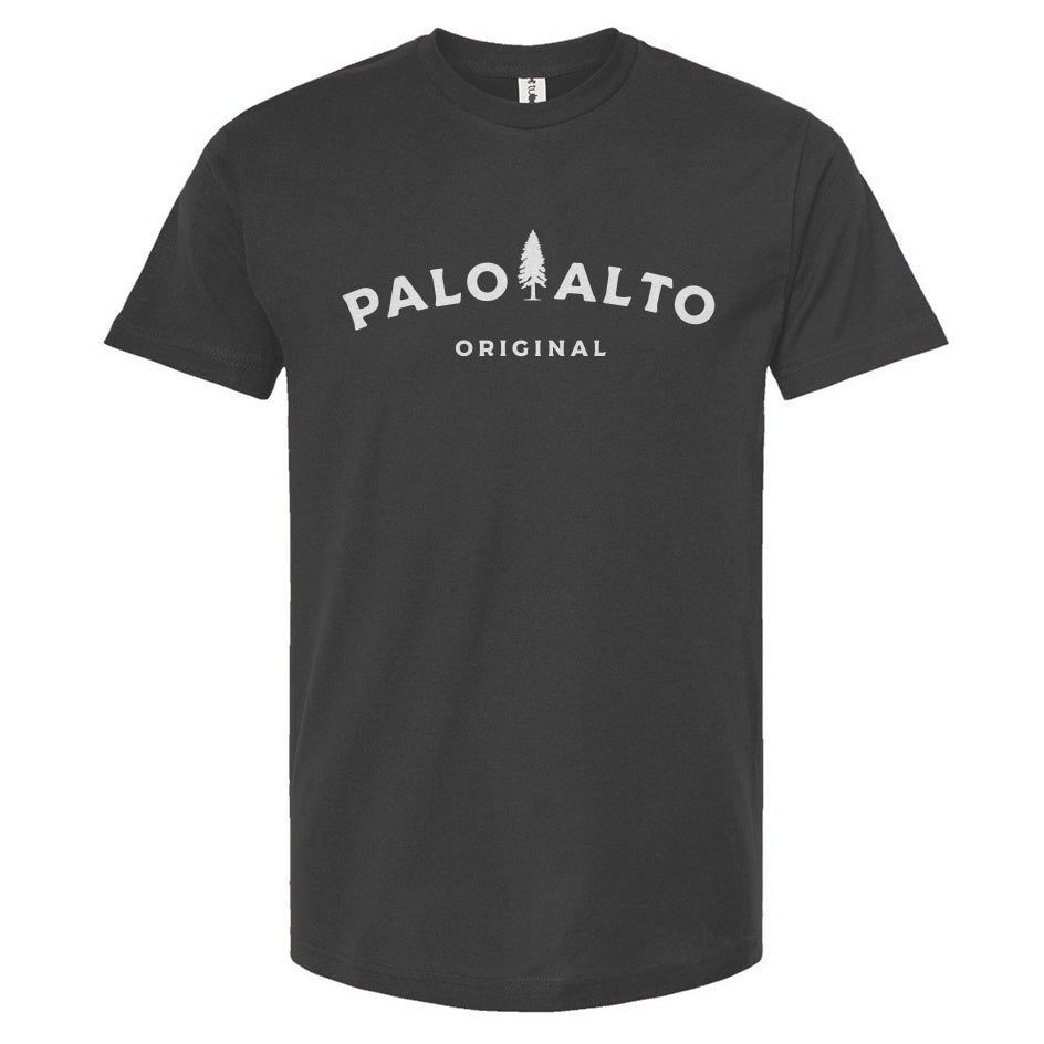Charcoal gray t-shirt with 'Palo Alto Original' text on a white background