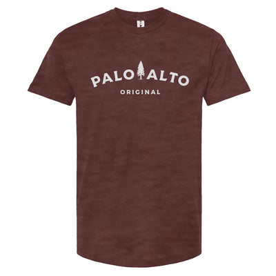 Heather Burgundy t-shirt with 'Palo Alto Original' text on a white background