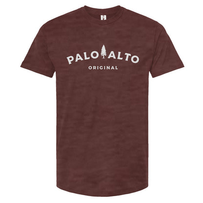 Heather Burgundy t-shirt with 'Palo Alto Original' text on a white background
