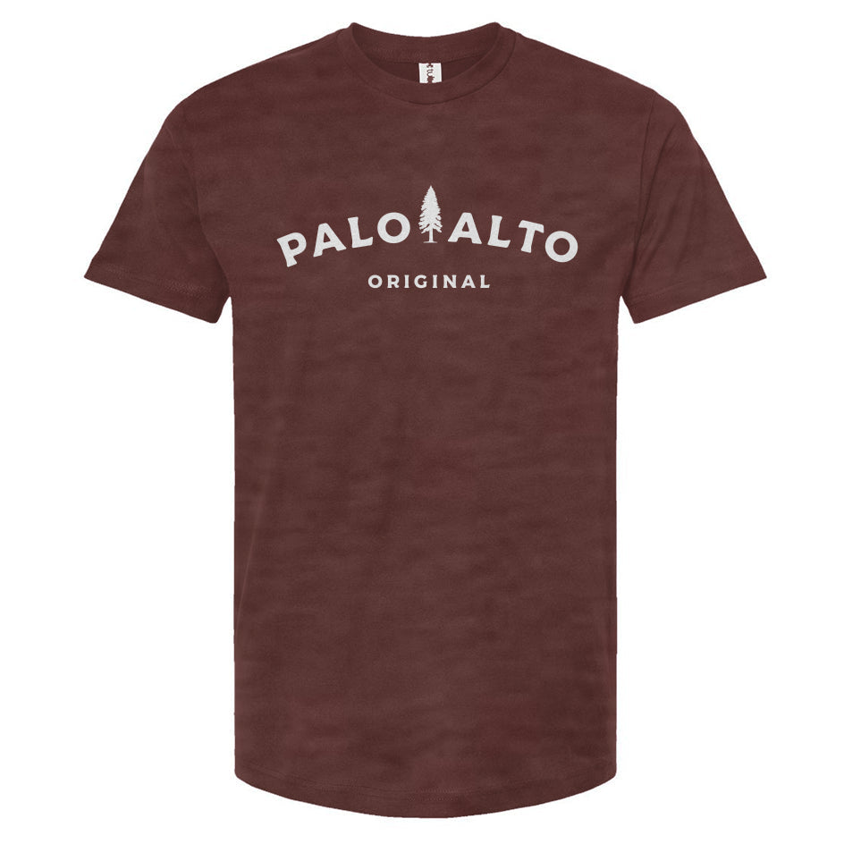 Heather Burgundy t-shirt with 'Palo Alto Original' text on a white background