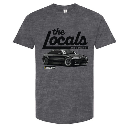 Gray t-shirt with 'the Locals' graphic and BMW e46 illustration on a white background