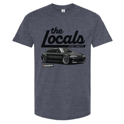 Heather Denim blue t-shirt with 'the Locals' BMW e46 design on a white background