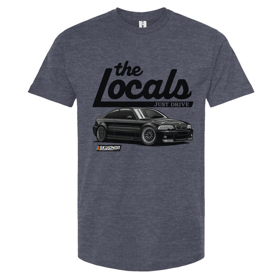 Heather Denim blue t-shirt with 'the Locals' BMW e46 design on a white background