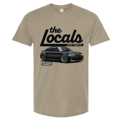 Sand colored t-shirt with 'the Locals' BMW e46 design on a white background