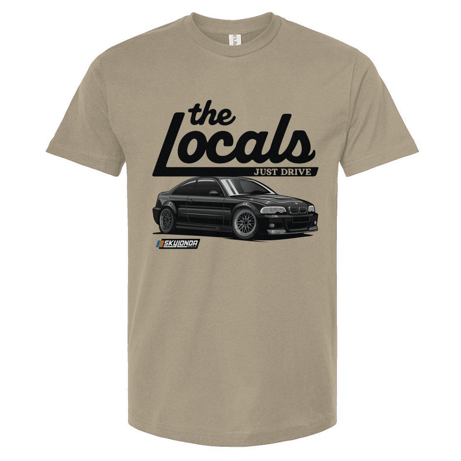 Sand colored t-shirt with 'the Locals' BMW e46 design on a white background