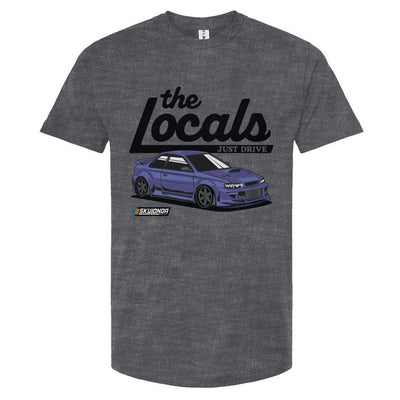 Gray t-shirt with 'the Locals' graphic and Subaru WRX illustration on a white background