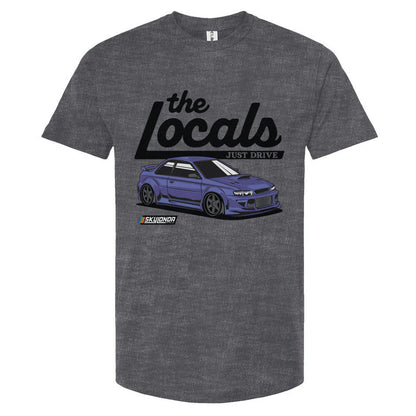 Gray t-shirt with 'the Locals' graphic and Subaru WRX illustration on a white background
