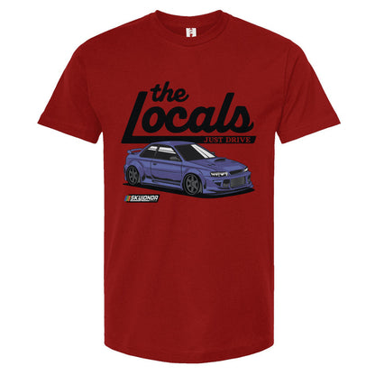 Red t-shirt with a graphic of a Subaru WRX and 'the Locals' text on a white background