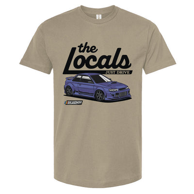 Beige t-shirt with a graphic of a Subaru WRX and 'the Locals' text on a white background