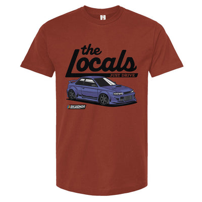 Cardinal Red t-shirt with a graphic of a Subaru WRX and 'the Locals' text on a white background