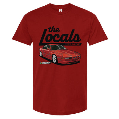 Red t-shirt with a graphic of a BMW 840i and 'the Locals' text on a white background