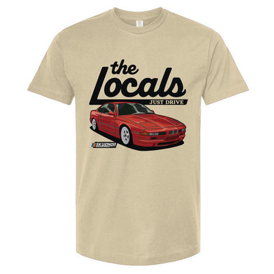 Natural t-shirt with red BMW 840i and 'the Locals' text on a white background
