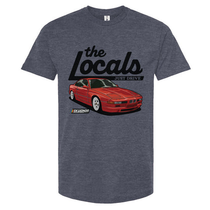 Denim blue t-shirt with red BMW 840i and 'the Locals' text on a white background