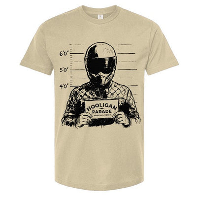 Natural t-shirt with graphic design of a person in a helmet and goggles holding a sign on a white background