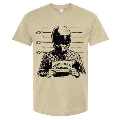 Natural t-shirt with graphic design of a person in a helmet and goggles holding a sign on a white background