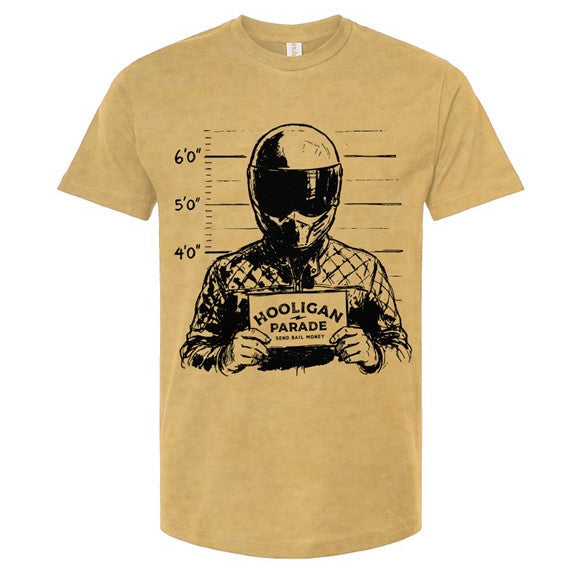 Beige t-shirt with graphic design of a person holding a sign and a helmet on a white background