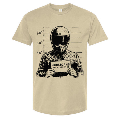Natural t-shirt with a graphic design of a motorcyclist in a helmet holding a sign for a mug shot