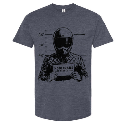 Heather Denim Blue t-shirt with a graphic design of a motorcyclist in a helmet holding a sign for a mug shot