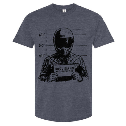 Heather Denim Blue t-shirt with a graphic design of a motorcyclist in a helmet holding a sign for a mug shot