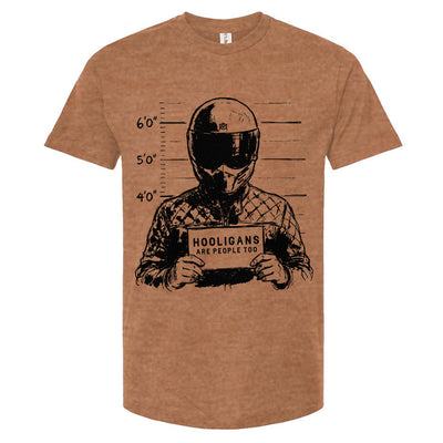 Heather Orange t-shirt with a graphic design of a motorcyclist in a helmet holding a sign for a mug shot
