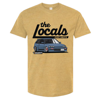 Pale yellow t-shirt with 'the Locals' Honda Civic design on a white background
