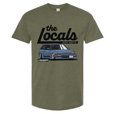 Olive green t-shirt with 'the Locals' graphic and Honda Civic illustration on a white background