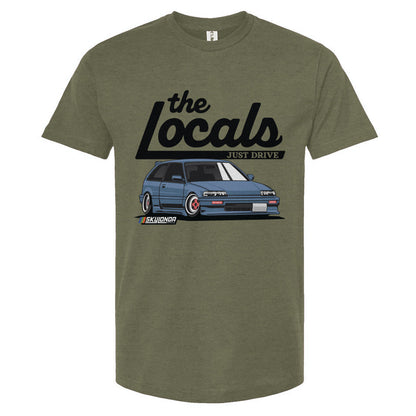 Olive green t-shirt with 'the Locals' graphic and Honda Civic illustration on a white background