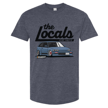 Denim blue t-shirt with 'the Locals' Honda Civic design on a white background