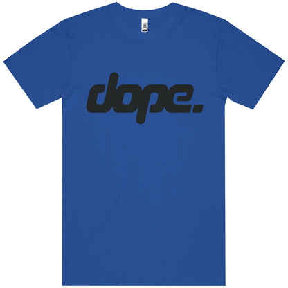 Blue t-shirt with 'dope.' text on a white background