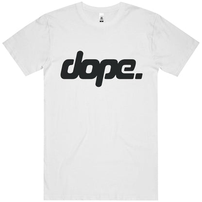 White t-shirt with 'dope.' text on a white background