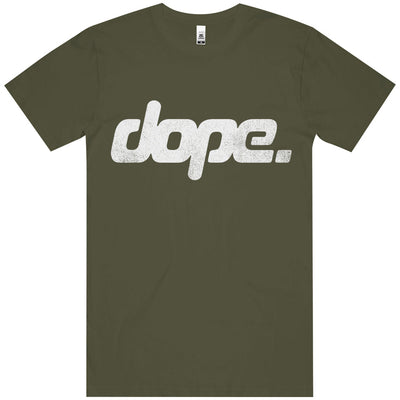 Green t-shirt with 'dope' text on a white background